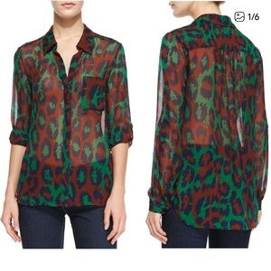 Diane Von Furstenberg Sheer Leopard-Print Blouse in Green and Brown